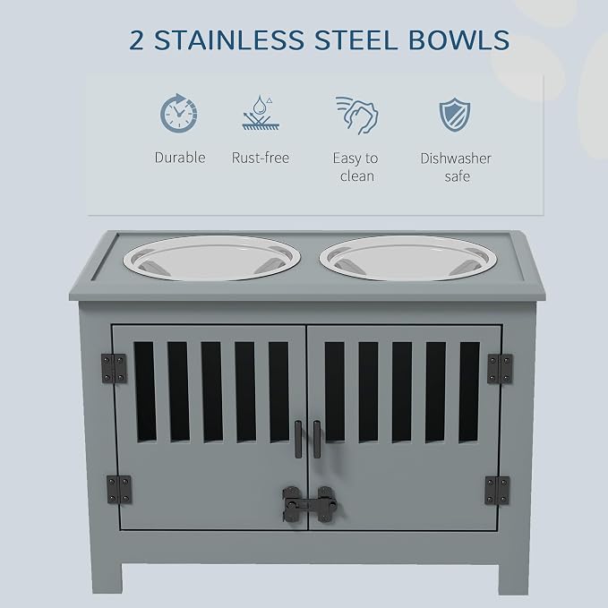 PawHut Large Elevated Dog Bowls with Storage Cabinet, 37L Gray | Raised Dog Bowl Stand Pet Food Bowl Dog Feeding Station