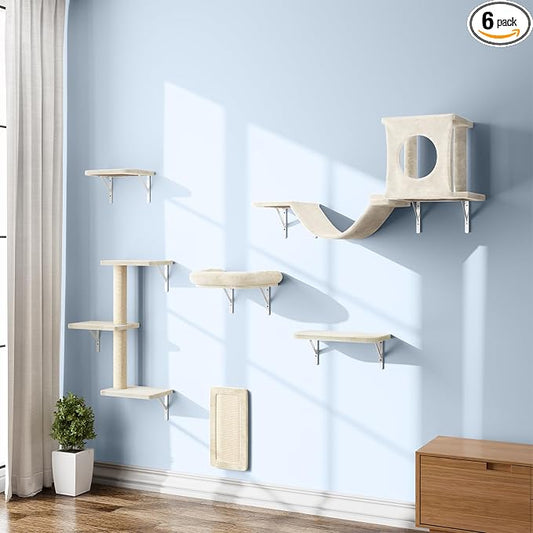 6-in-1 Cat Wall Shelves, Wall Mounted Cat Climber with Condo House, Scratching Post, Bridge Ladder, Space-Saving Indoor Play Furniture for Kittens, Beige