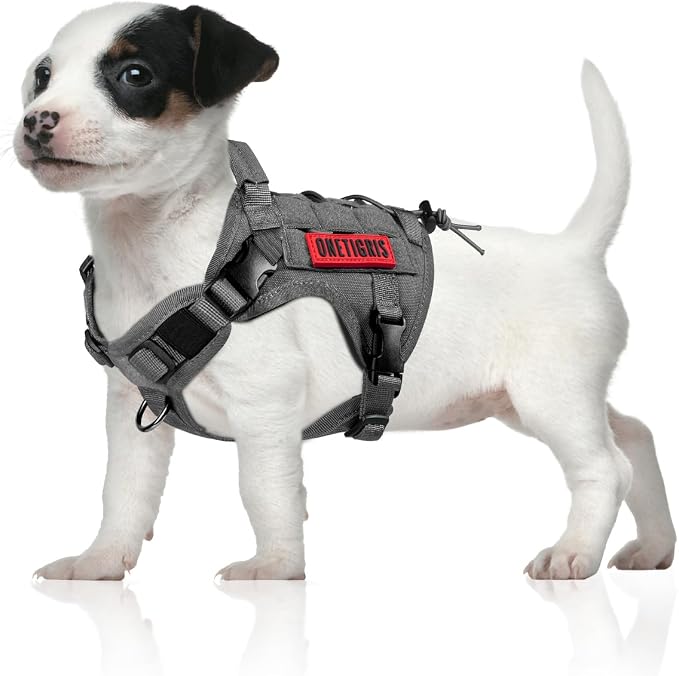 OneTigris Tactical Dog Harness Vest No-Pull Service Dog Vest for Small Dogs | 1000D Pullable Nylon, with Control Handle and Hook & Loop Panels, Easy On & Off, Adjustable for Walking Training Gray XS