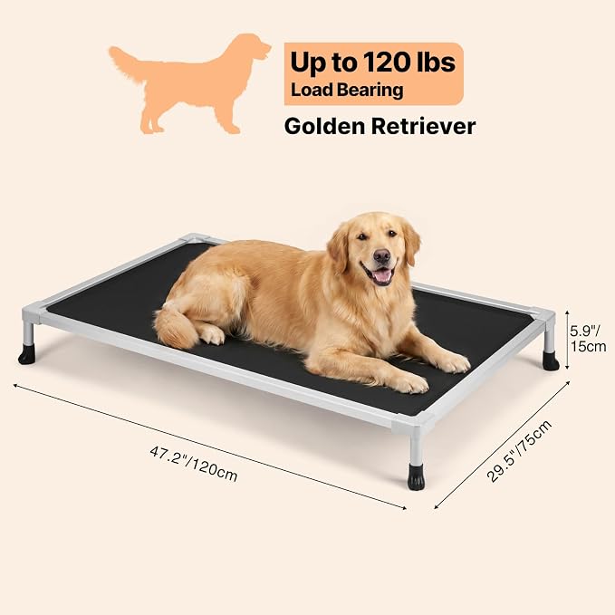 Veehoo Chew Proof Elevated Dog Bed, Silver Aluminum Dog Cot, Pre-Assembled | Cooling Raised Dog Bed for Large Dogs, Indestructible Dog Bed for Crate, Breathbale, Non-Slip Feet, Indoor Outdoor
