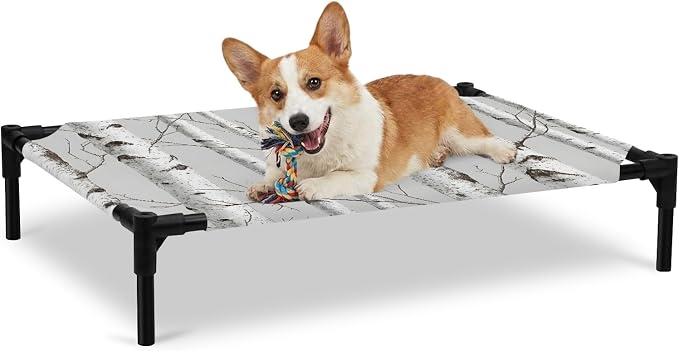 Outdoor Elevated Dog Bed for Large Dogs, White Branch Breathable Cooling Raised Dog Cot for Indoor/Outdoor, Natural Tree Forest Country Mottled Trunk Plants Waterproof Elevated Pet Beds, L 28 x 22 in