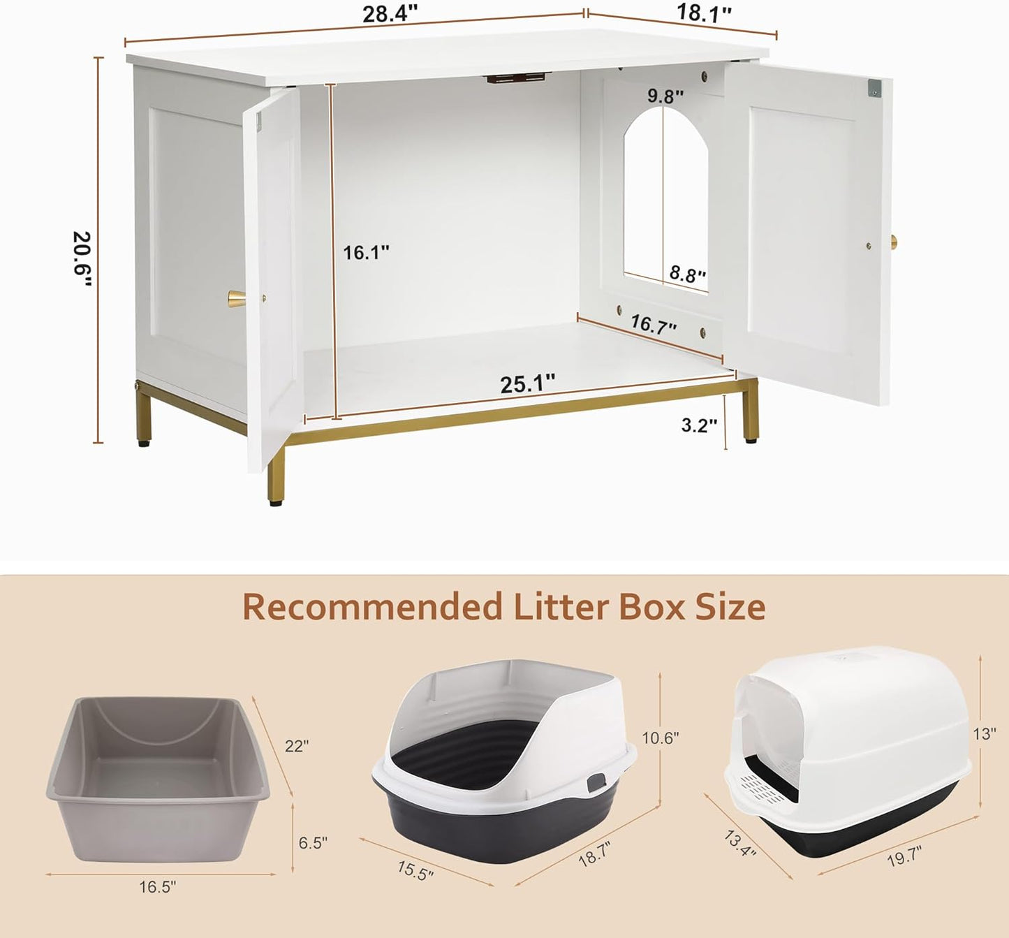 Homhedy Cat Litter Box Enclosure, Cat Washroom Furniture with Metal Frame, Pet House, Fit Most of Litter Box, Modern Style, White and Gold