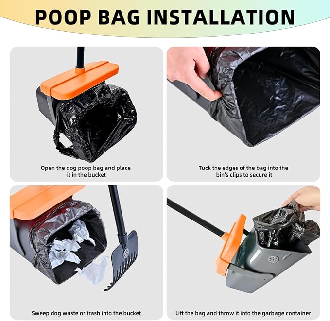 46" Pooper Scooper Swivel Bin & Rake for Large Small Dogs with Bag Attachment, Long Handle Poop Scooper with Lid for Yard (Orange)