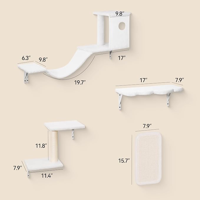 Meecal 6-in-1 Cat Wall Shelves, Wall Mounted Cat Furniture Set, Cat Shelves for Wall with Scratching Posts, Cat Bed & Bridge, Space Saving Cat Climbing Perch for Kittens, White