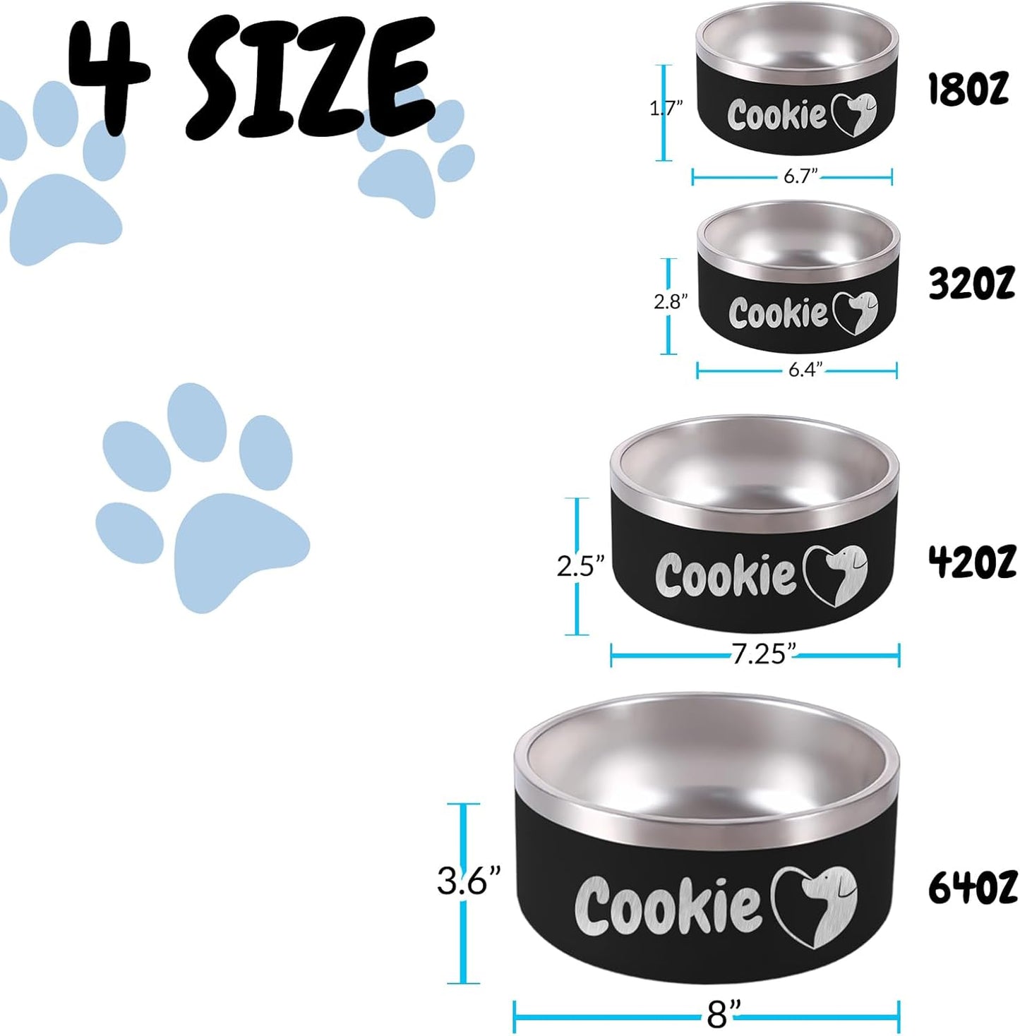 18OZ Personalized Dog Bowl Laser Engraved Custom Pet Name 18/32/42/64 oz No Slip Stainless Steel Insulated Bite-Resistant Food Water Dishes-Light Blue