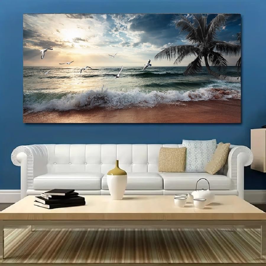 Yxbhhym Beach Wall Art Picture for Living Room Ocean Sunset Canvas Wall Decor Paintings Sea Poster Seascape Print Art Palm Artwork for Wall Art Bedroom Office Decoration Framed- 20x40inches