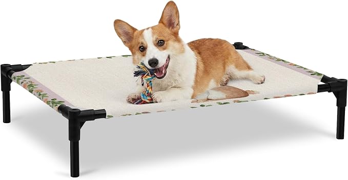 Outdoor Elevated Dog Bed for Large Dogs, Country Bunny Breathable Cooling Raised Dog Cot for Indoor/Outdoor, Farmhouse Rustic Flower Leaf Plant Beige Waterproof Elevated Pet Beds, L 28 x 22 in
