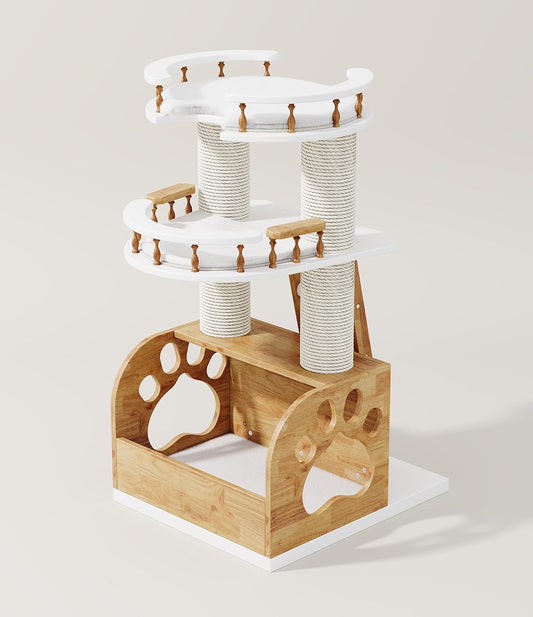 Modern Cat Tree, Solid Wooden Cats Tower, 37" Luxury Cats Trees Condo for Large Cat, Multi-Level Cat Tree Tower Natural Cat House Furniture, with Scratching Posts, Removable Washable Cushions