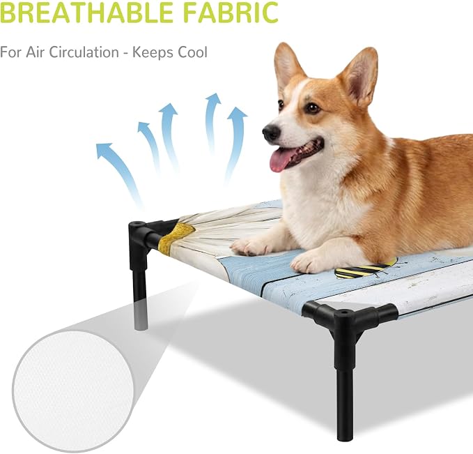 Outdoor Elevated Dog Bed for Medium Dogs, White Daisy Rustic Breathable Cooling Raised Dog Cot for Indoor/Outdoor, Pastoral Flowers Honeybees Blue Wood Waterproof Elevated Pet Beds, M 24 x 20 in