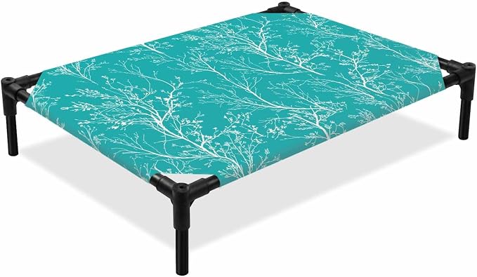 Outdoor Elevated Dog Bed for Large Dogs, Teal Botanical Breathable Cooling Raised Dog Cot for Indoor/Outdoor, Vintage Floral Plants Branch Waterproof Elevated Pet Beds, L 28 x 22 in