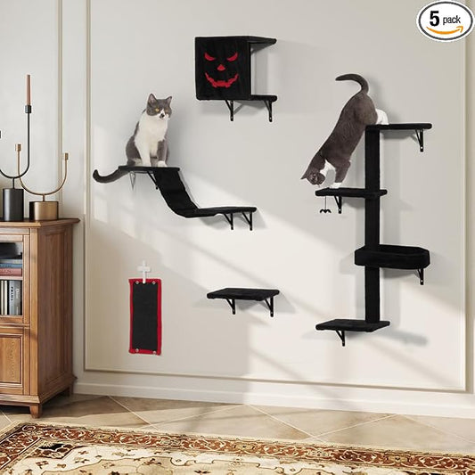 5 Pcs Wall-Mounted Climber Set, Wood Indoor with Shelves and Perches, Ladder, Condo House, Scratching Board and Tree, Wall Shelves Furniture for Cats (Black&Red)