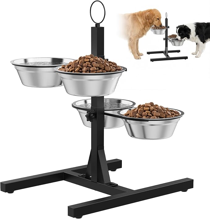 Elevated Dog Bowls with 2 Feeding Platforms for Medium/Large/Multi-Dogs, 6-17.5” Any-Height Adjustable Tall Feeding Station, Raised Food and Water Bowl Stand, 4 * 41oz Bowl