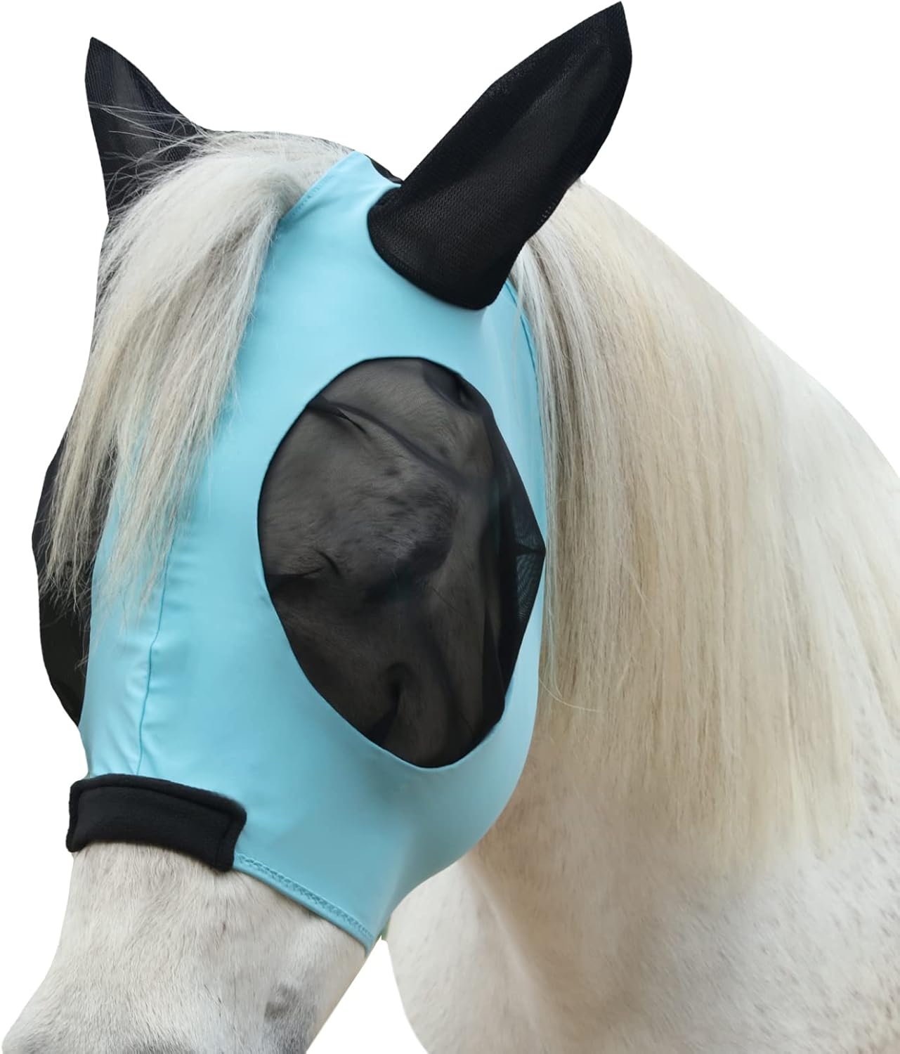 Horse Fly Mask with Ears - Large Eye Space for Full Vision, Breathable Stretch Comfort Fit, UV Protection, Forelock Opening, Easy Pull-On Paleblue Full
