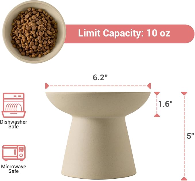 CEEFU Extra Wide Elevated Ceramic Cat Bowl, 6.2" Shallow Dish for Whisker Fatigue Relief, 5" Height for Easy Feeding, Durable Raised 2 Cat Food Bowls, Pottery Clay (Not Glazed)