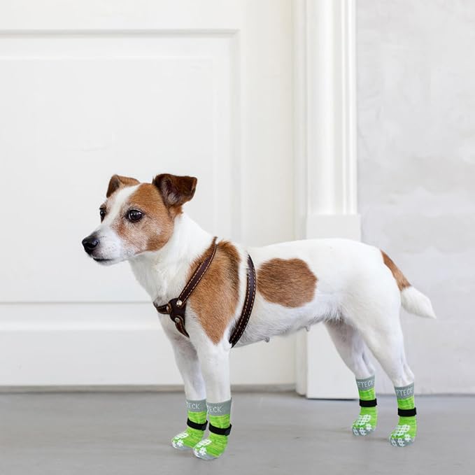 PUPTECK Anti-Slip Dog Socks with Double Sides Grips for Small Medium Large Dogs Hardwood Floors Prevents Licking, Dog Shoes for Hot Pavement Traction Control for Senior Dogs, Fluorescent Green, XS