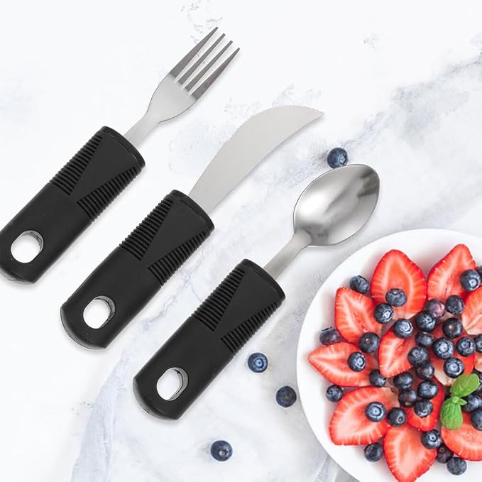 Anti-Shake Elderly Adaptive Utensils Set with Non-Slip Thick Handles Lightweight Stainless Steel Tableware for Hand Tremors Arthritis Patients 6-Piece