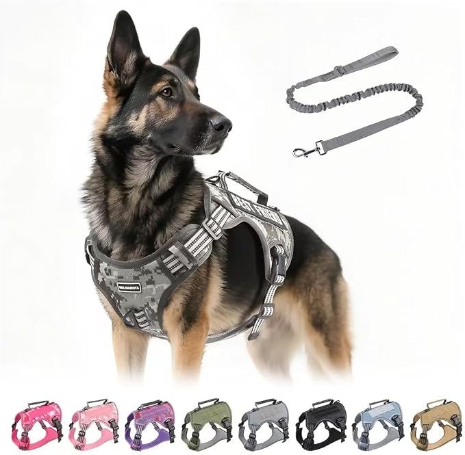 Tactical Dog Harness with Leash for Large Dogs, No Pull Adjustable Dog Harness, Reflective K9 Working Pet Vest for Walking, Training (Camouflage Grey, S)