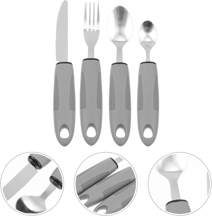 Adaptive Utensils for Elderly Adults Non-Weighted Built-up Handle Tableware Set Includes Fork Spoon Cutter Supports Arthritis Hand Tremors Easy Clean 8.85 Inch