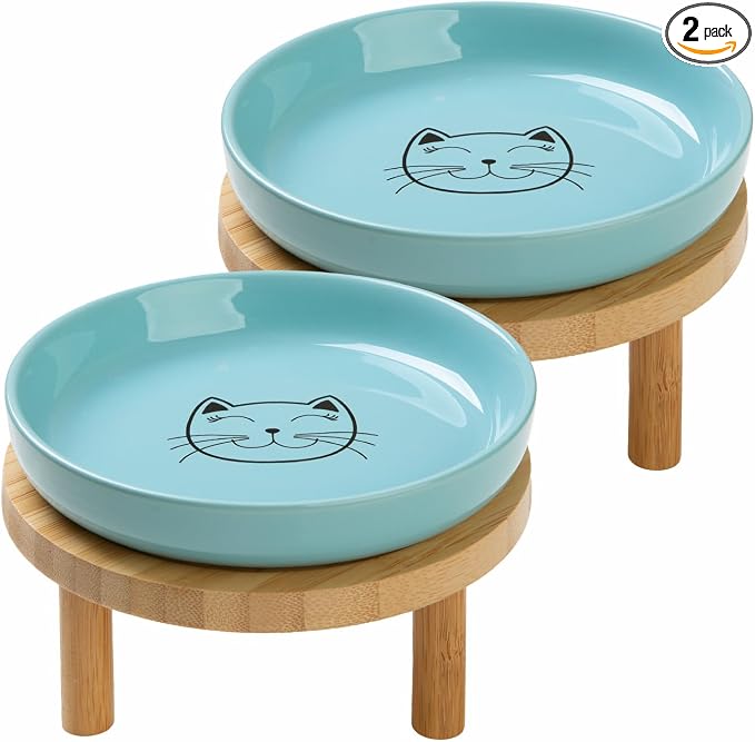 Lusifaco Shallow Elevated Cat Bowls,5.9 Inch Wide Raised Ceramic Cat Dishes with Bamboo Stand, Whisker Friendly Pet Water or Food Plates Feeding Station for Indoor Cats, Kitten (Blue,Set of 2)