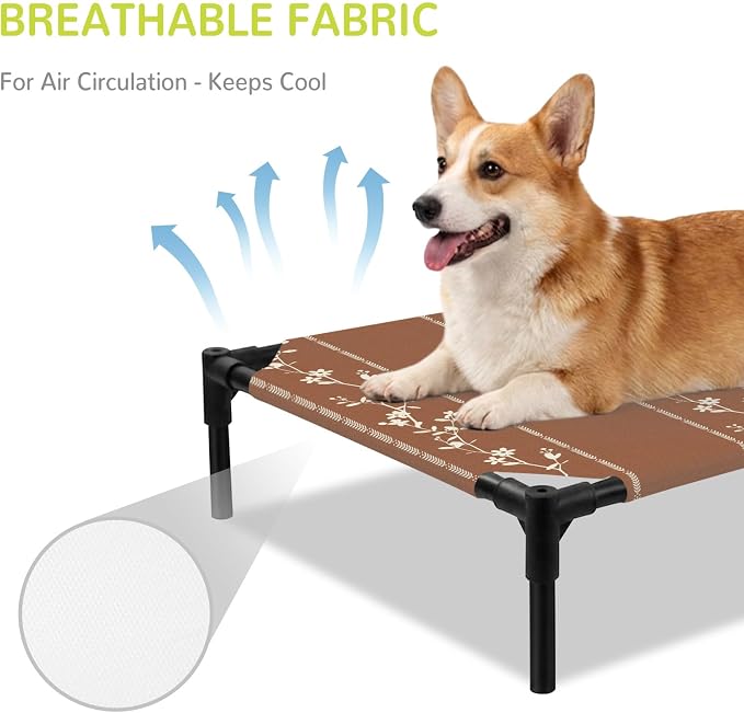 Outdoor Elevated Dog Bed for Large Dogs, Brown Flowers Branch Breathable Cooling Raised Dog Cot for Indoor/Outdoor, Spring Summer Farmhouse Botanical Waterproof Elevated Pet Beds, L 28 x 22 in