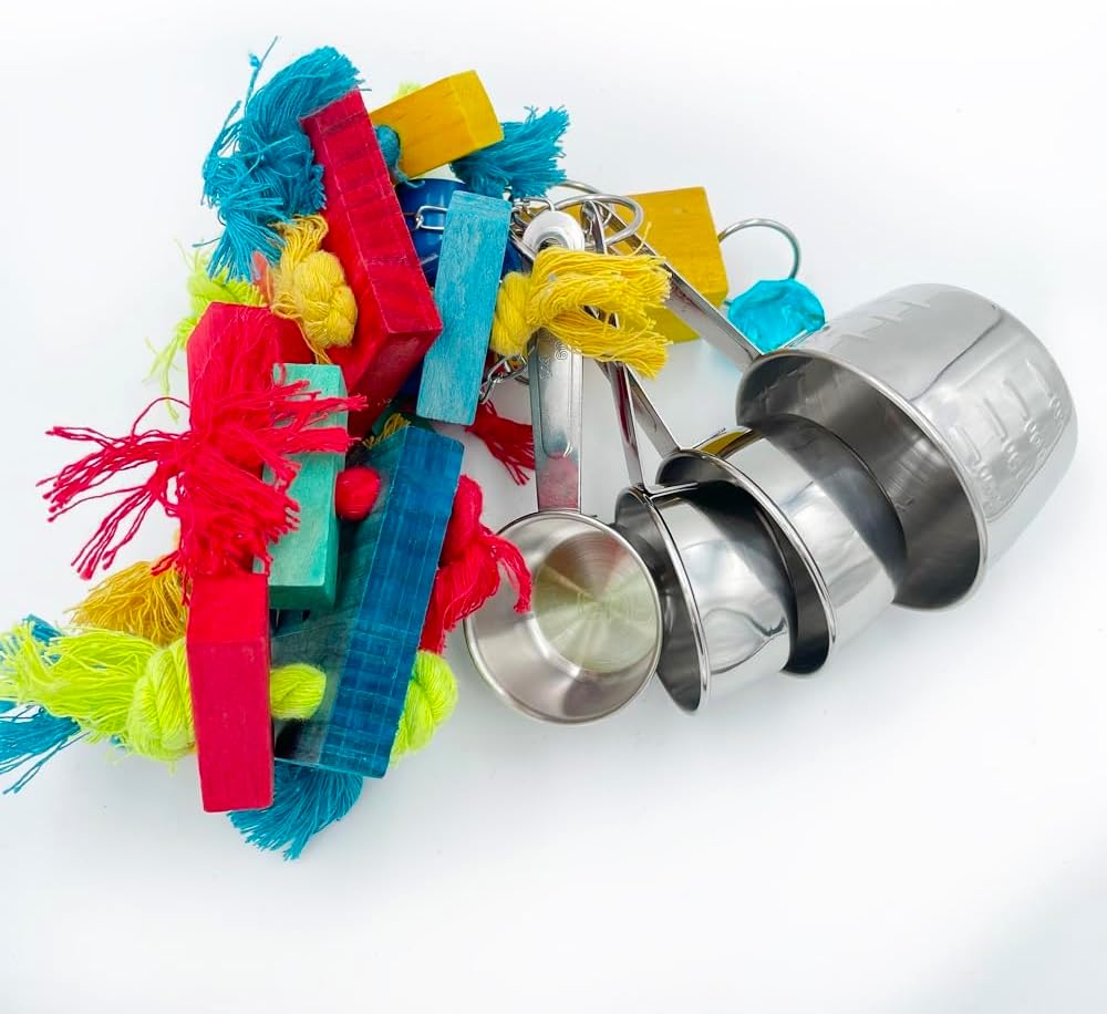 Large Bird Blocks and Knots Tearing Toys, Multicolored Natural Wooden Blocks and Cotton Knots with Stainless Steel Cup Toys for Extra Large Parrots Macaw African Grey Amazon Cockatoo Eclectus