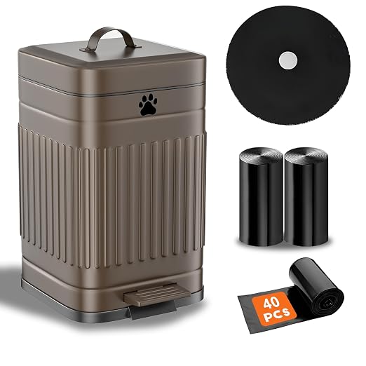 Dog Poop Trash Can Outside - 5L/1.3Gal Small Trash Can with Lid, Brown | Outdoor Dog Poop Trash Can with 40 Bags, Pedal, Removable Inner Bin, Metal Dog Waste Trash Can with Soft Close, Odor Control