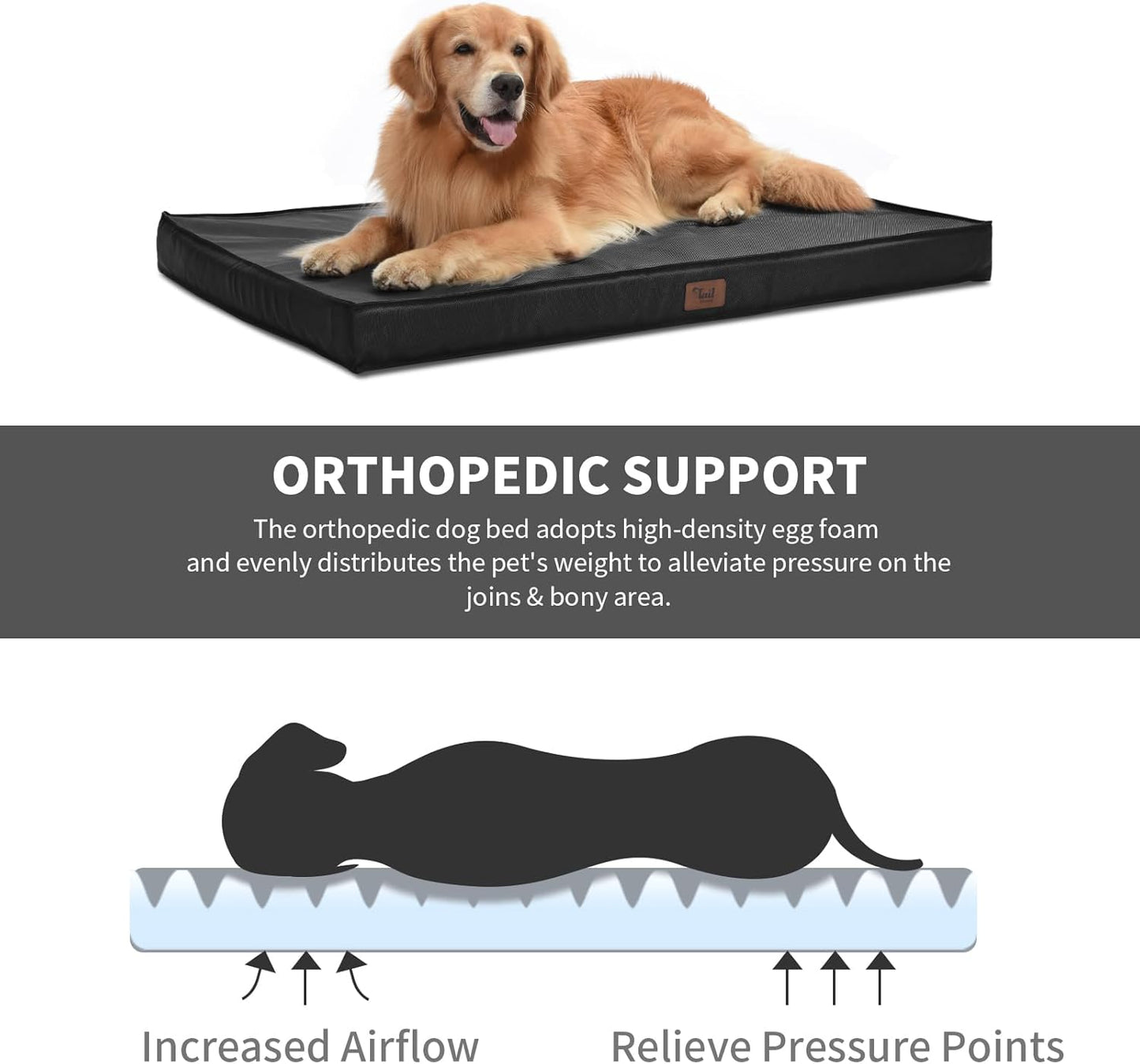 Outdoor Dog Bed for Small Dogs, Waterproof Dog Crate Bed for Small Dogs, Orthopedic Egg Crate Foam Puppy Beds with Washable and Removable Oxford Cover, Black