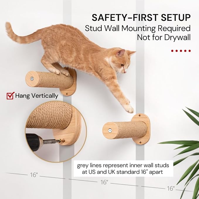 7 Ruby Road Cat Wall Steps - Wall Mounted Cat Climbing Steps | 2 Pack, 13 inch Wall Steps with Jute Grip for Confident Indoor Climbing