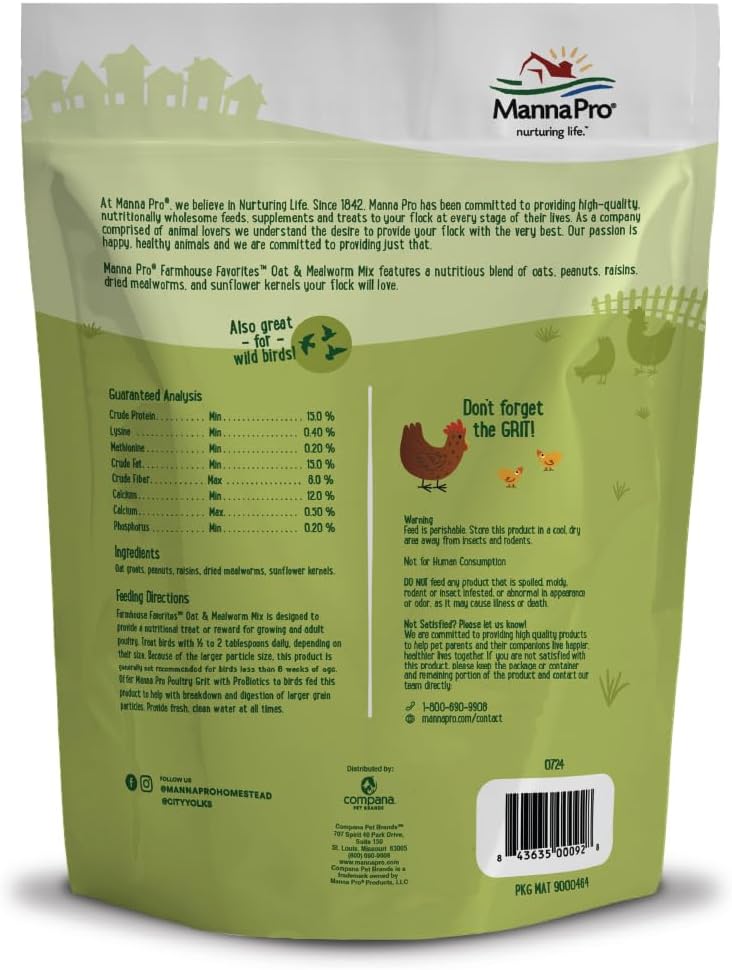 Manna Pro Farmhouse Favorites Oat & Mealworm Mix Poultry Treat – Natural Protein Source – Encouraging Poultry Treat – Mix of Oats, Peanuts, Raisins, Mealworms, Sunflower Kernels – 2lbs