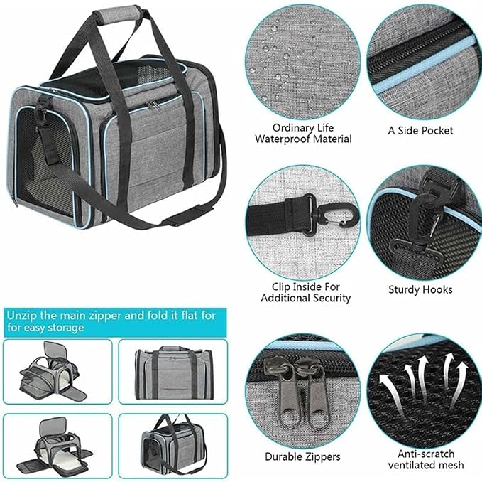 Airline Approved Expandable Pet Carrier for Cats & Small Dogs up to 6kg - Foldable, 3-Way Carry for Airplane & Outdoor (Grayish Blue,Small)