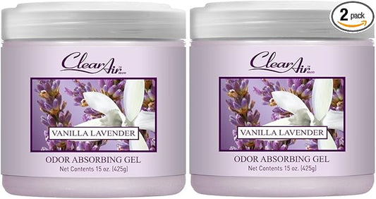 Clear Air 15oz Gel Odor Eliminator - Absorb & Remove Strong Odors from Pets, in Bathrooms, Basements, Garage, Cars, RVs & Boats - Eliminate Tough Odors with Essential Oils (Vanilla Lavender, 2-Pack)