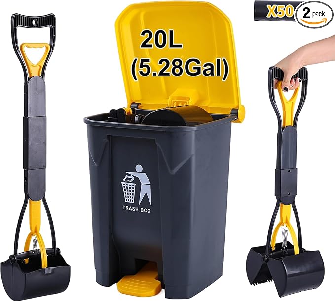 Pooper Scooper 2 Pack with 20 Litre Step Dog Poop Trash Can, 28" Long Handle Dog Poop Scoopers for Large Small Dogs Heavy Duty, Removable Inner Bucket for Outdoors, 50 Waste Bags Included (Yellow)