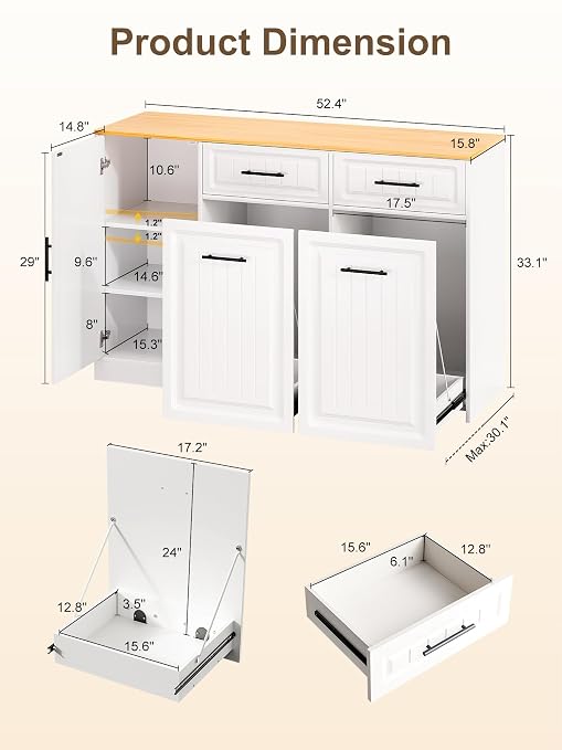 ZIFTY Pull Out Trash Can Cabinet with Storage, 2×13 Gallon Trash Cans White | Pet Proof, Freestanding Kitchen Cabinet, Large, Hideway Drawer , Hidden Garbage Storage, Modern Farmhouse Waste Bin Furniture