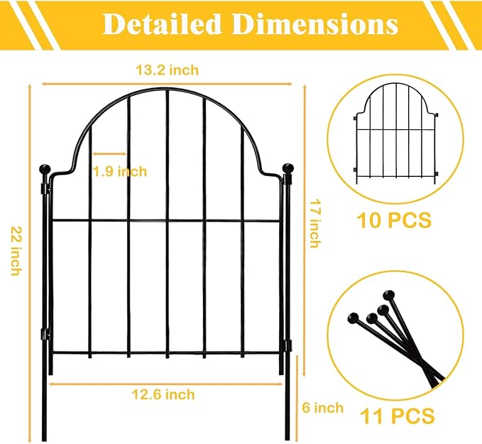 Blingluck Garden Fence, 22 in(H) x 10.83 ft(L) Arched Rustproof Metal No Dig Fence Garden Fence Border, Ground Stake Animal Barrier Fence for Rabbit Dog, Outdoor Decor for Yard & Patio