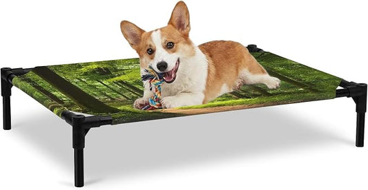 Outdoor Elevated Dog Bed for Large Dogs, Green Forest Breathable Cooling Raised Dog Cot for Indoor/Outdoor, Retro Rustic Natural Scenery Trees Waterproof Elevated Pet Beds, L 28 x 22 in