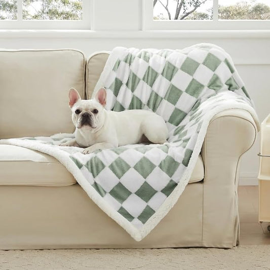 Ohocut Checkered Dog Blanket, Sage Green Jacquard Sherpa Blankets for Small Dog and Cats, Cute Aesthetic Style Fluffy Fleece Pets Blanket for Couch Protection Washable, 40"x50"