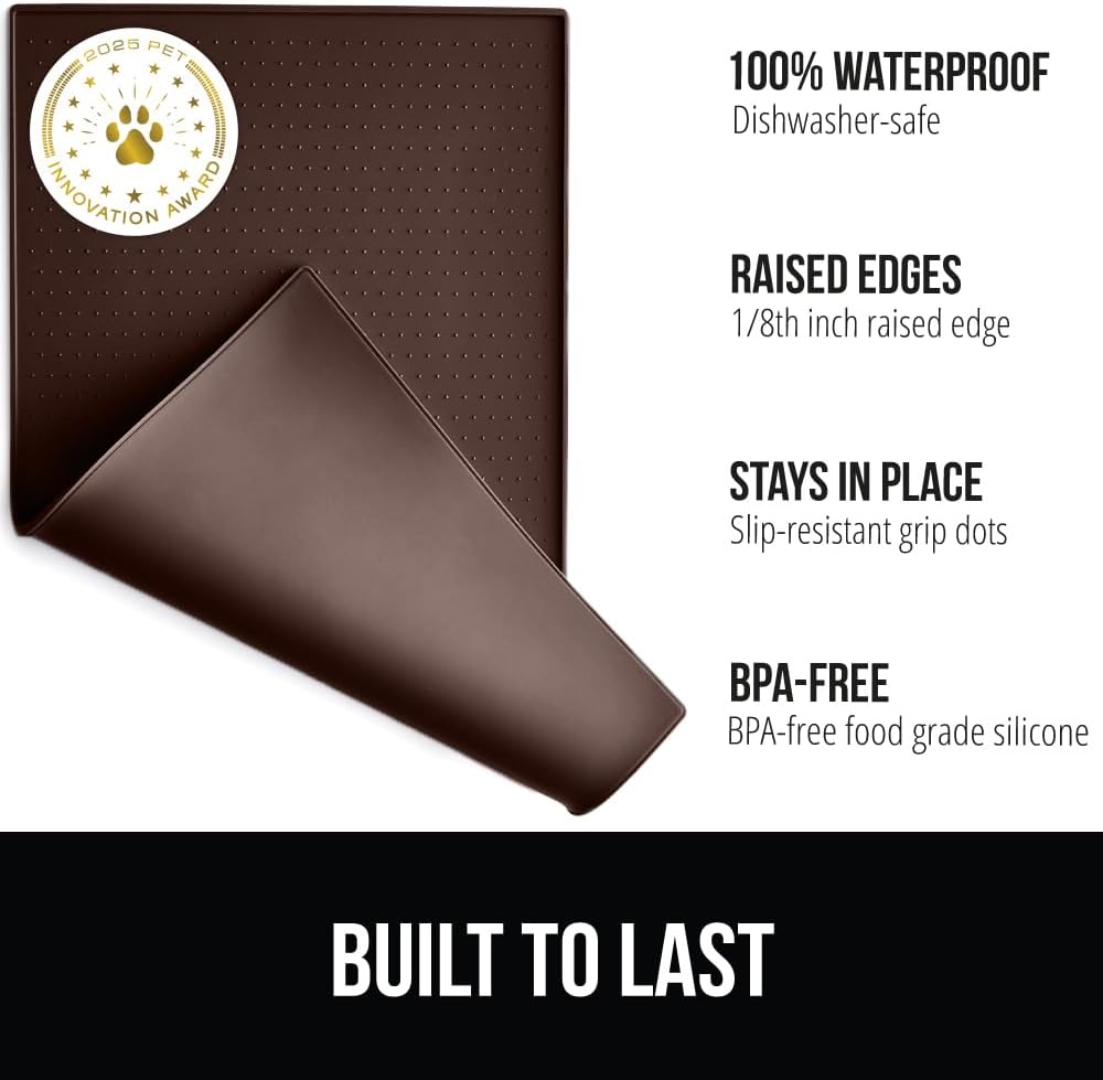 GORILLA GRIP 100% Waterproof Raised Edge BPA Free Silicone Pet Feeding Mat, Dog Cat Food Mats Contain Spills Protects Floors, Placemats for Cats and Dogs Water Bowl, Pets Accessories 32x24 Brown
