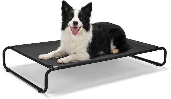 Veehoo Cooling Elevated Dog Bed, Outdoor Raised Dog Bed for Large Dogs | Dog Cot with Thickened Frame, Durable Teslin Mesh & Anti-Slip Rubber Feet, Pet Hammock for Indoor or Camping, 41", Black