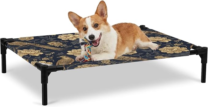 Outdoor Elevated Dog Bed for Large Dogs, Vintage Flowers Breathable Cooling Raised Dog Cot for Indoor/Outdoor, Birds on Branch Floral Elegant Plants Waterproof Elevated Pet Beds, L 28 x 22 in