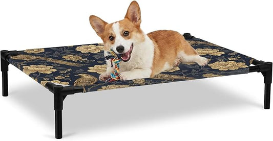Outdoor Elevated Dog Bed for Large Dogs, Vintage Flowers Breathable Cooling Raised Dog Cot for Indoor/Outdoor, Birds on Branch Floral Elegant Plants Waterproof Elevated Pet Beds, L 28 x 22 in
