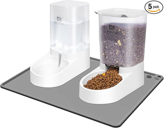 Marchul Dog Feeder and Water Dispenser, Automatic Gravity Dog Food Dispenser, Pet Food Dispenser Set for Small Medium Dogs Puppy Kitten (1 Gallon / 3.8L with Silicone Mat)