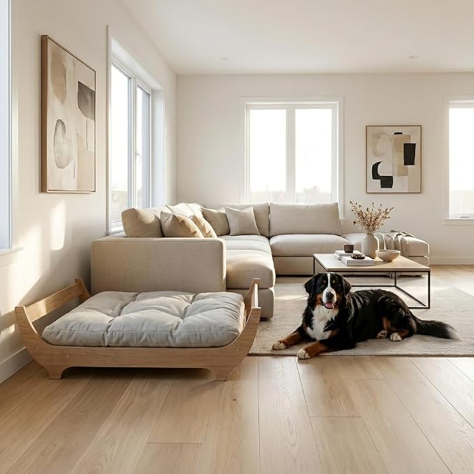 PERUGINA Wood Elevated Raised Dog Bed Frame Mat Set,WoodPattern,80lb | Trainer Recommended DutchDesign Sturdy Attractive Dog Sofa Couch Furniture