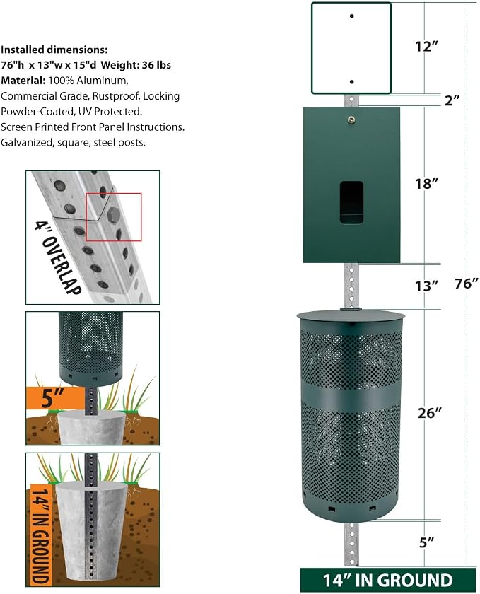 Zero Waste USA® Aluminum Dog Waste Station with ONEpul® Bags, Matte Green | Rust-proof aluminum dog waste station with ONEpul® pull-strap bags, one-at-a-time dispensing, less waste & easier maintenance