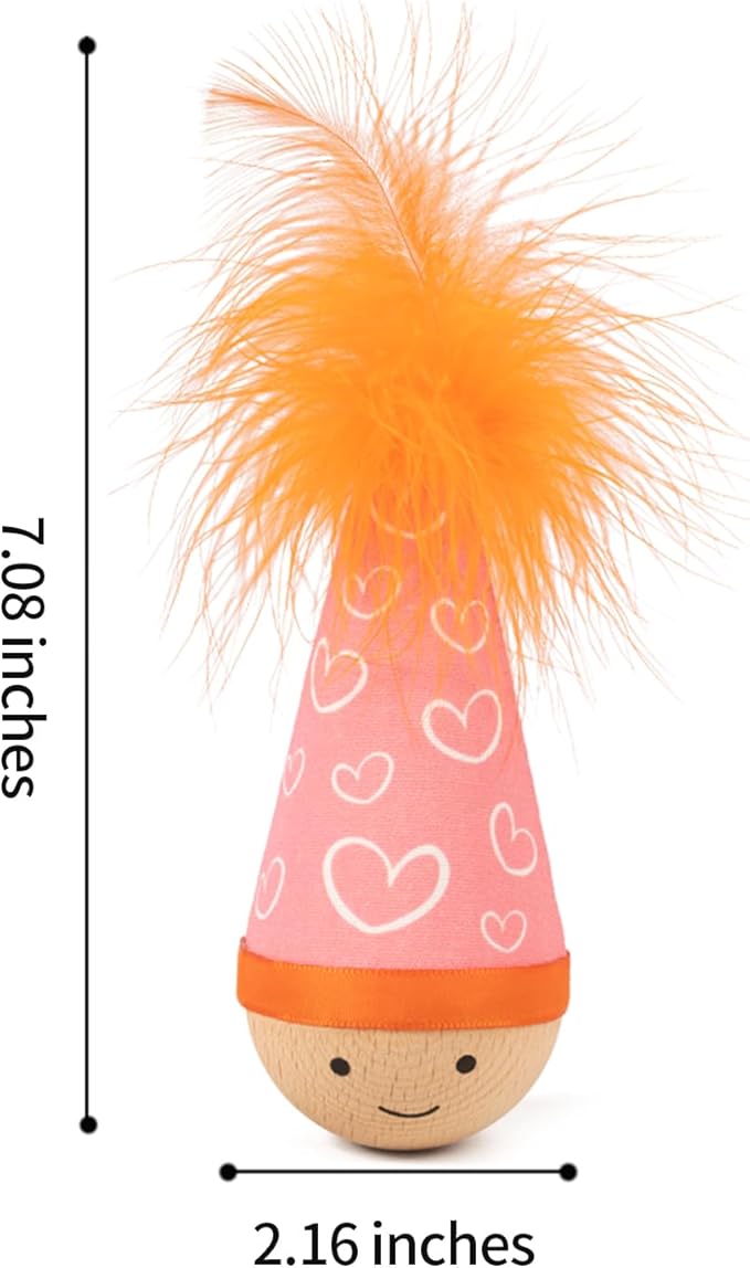Lulu's world Wooden Interactive Cat Toy with Catnip - Niuniu Tumbler Wobble Toy for Indoor Cats, Self-Righting Chaser with Orange Feather (Pink)