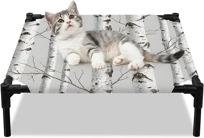 Outdoor Elevated Dog Bed for Small Dogs, White Branch Breathable Cooling Raised Dog Cot for Indoor/Outdoor, Natural Tree Forest Country Mottled Trunk Plants Waterproof Elevated Pet Beds, S 20 x 20 in