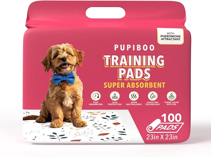 Pupiboo Disposable Dog and Cat Training Pads – Leaves Pattern, Highly Absorbent Pee Pads, Leak Proof Backing, Pheromonal Attractant for Housebreaking & Potty Training – 23x23 in (100 Count)