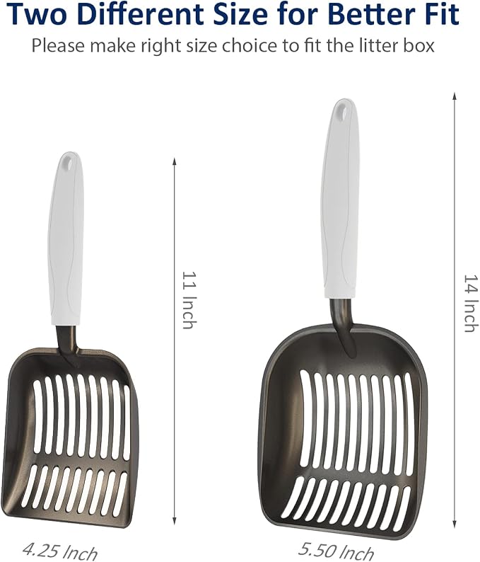 Cat Litter Scoop, Non-Stick Plated Aluminum Alloy Sifter, Kitty Durable Metal Scooper, Deep Shovel, Long Handle, Kitten Pooper Lifter, Size Medium, Coated Black Body with Grey Handle