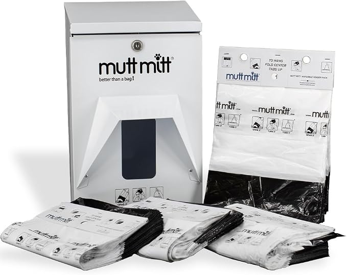 Mutt Mitt® Aluminum Dog Waste Starter Station - Gloss White | 2-Ply | Rust-proof aluminum dispenser, includes 400 header bags, locking hood, fits all 5" header refills, hardware included