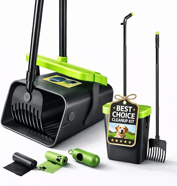 Pooper Scooper Swivel Bin & Rake Kit with 35 Bags – 46" Long Handle Heavy Duty Dog Poop Scooper with Bag Attachment, Yard Pet Waste Cleanup Tool for Large Medium Small Dogs