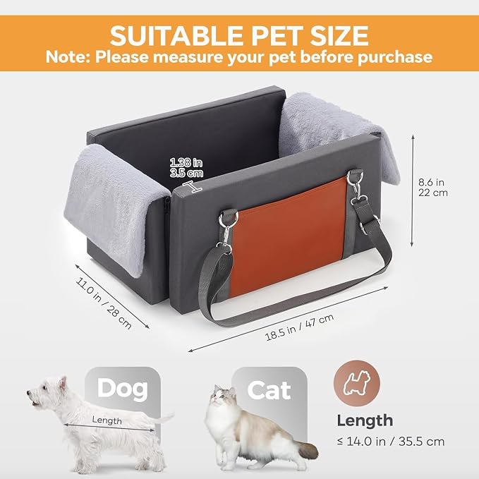 Avont Center Console Dog Car Seat for Small Dogs, Secure Armrest Pet Booster Seat with Multi-Strap Support, Washable Console Seat Bed with Storage Pocket -Dark Grey